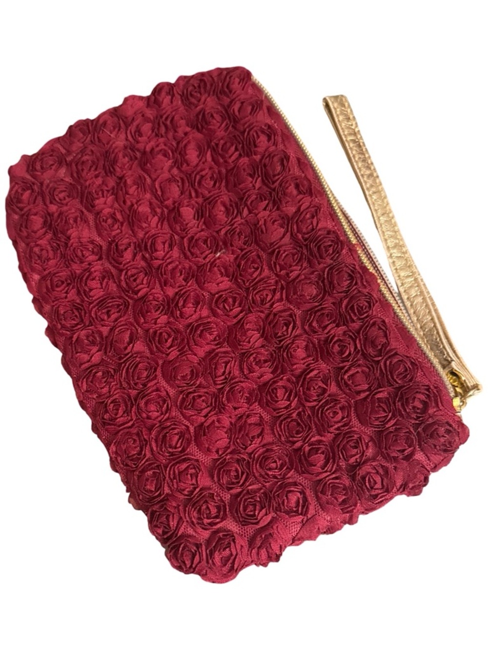 Neiman Marcus Burgundy Rose-Embroidered Wristlet with Gold Strap